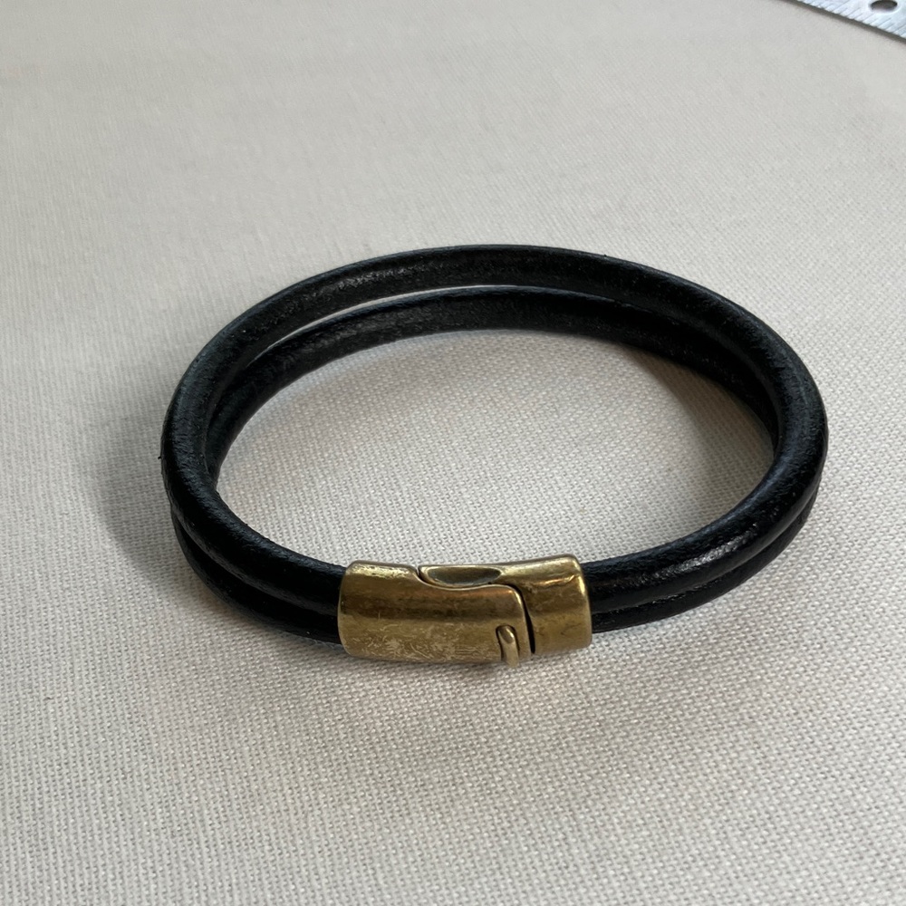 Black Leather Bracelet with Brass Clasp